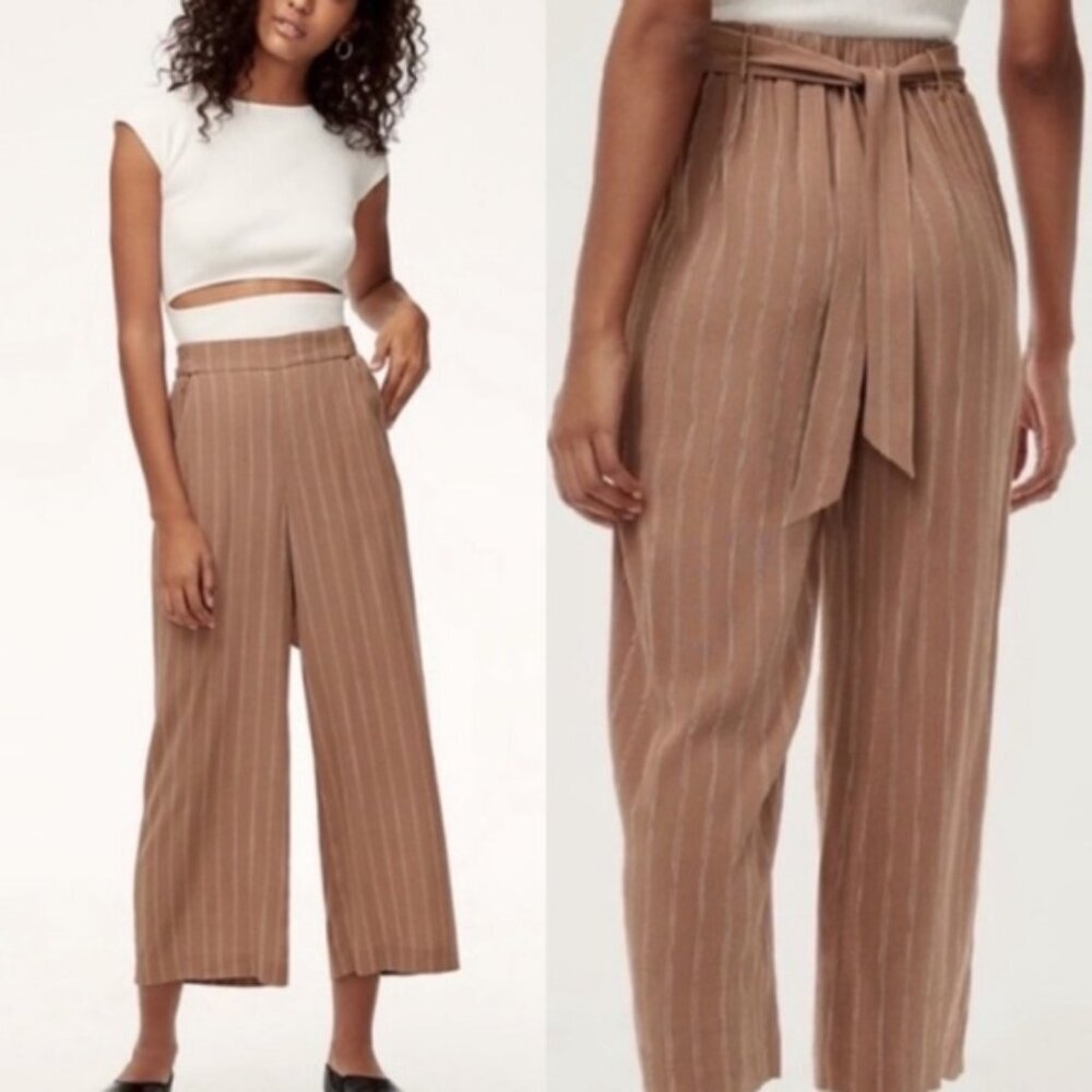 Aritzia Womens M Wilfred Faun High Waist Wide Leg Tie Pants in Nutmeg Stripe